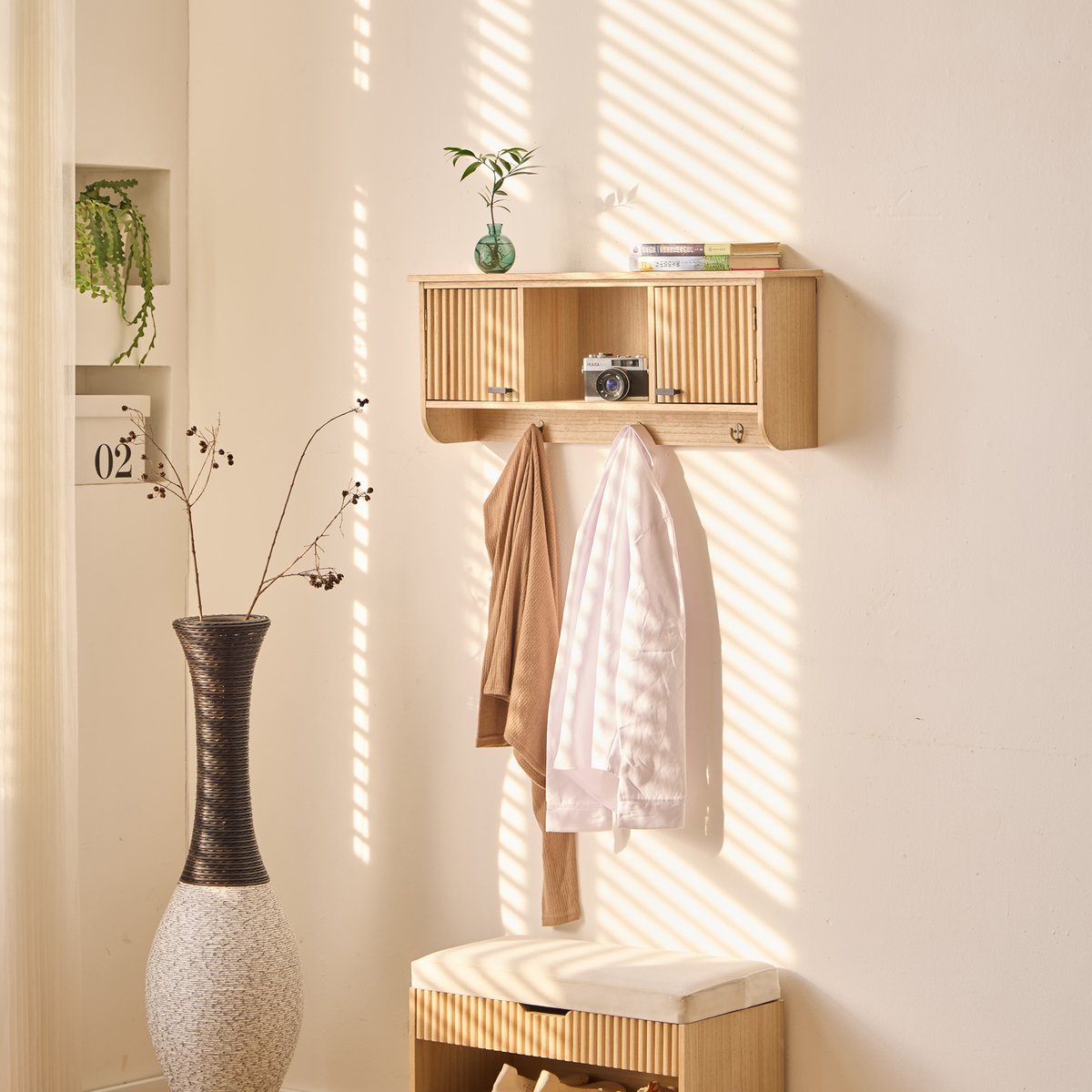 Porte-manteau mural, bois, 2 portes, KONDO bois naturel, NORDLYS