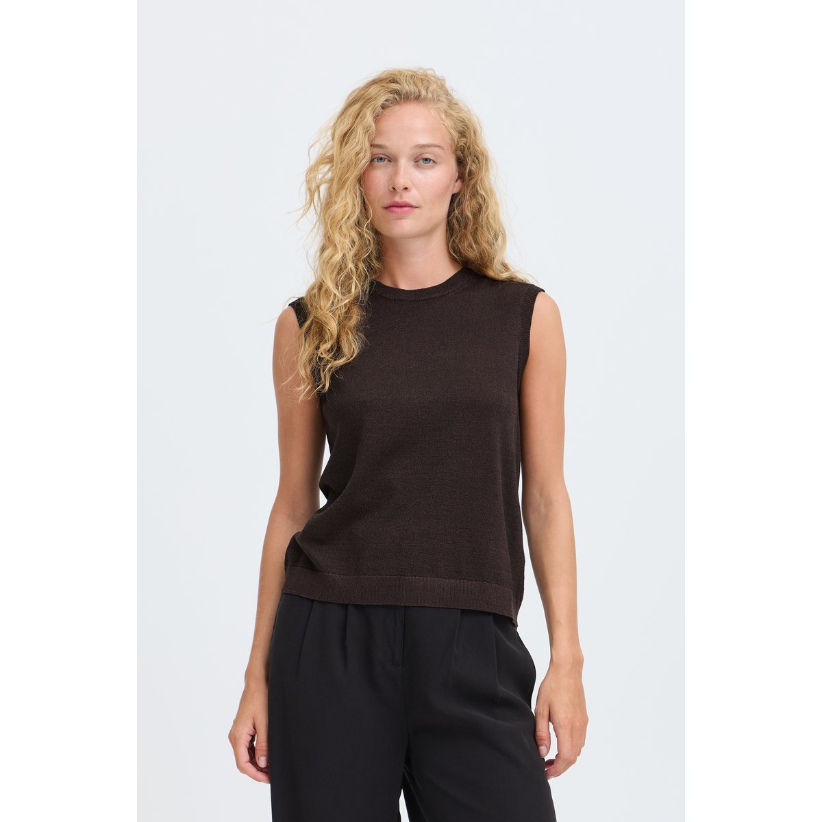 Pull en maille manches courtes marron java, B.YOUNG