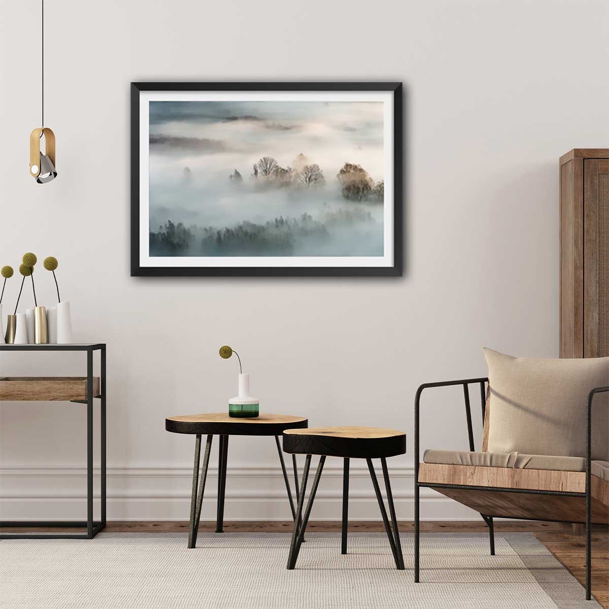 Affiche paysage brouillard hivernal affiche + cadre en bois - noir, HEXOA