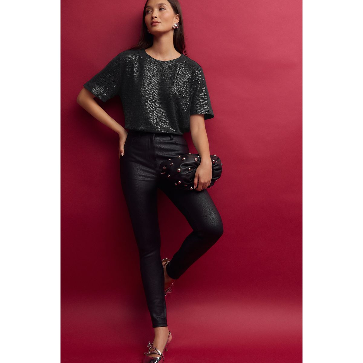 Pantalon en maille point de rome enduit noir, NEXT