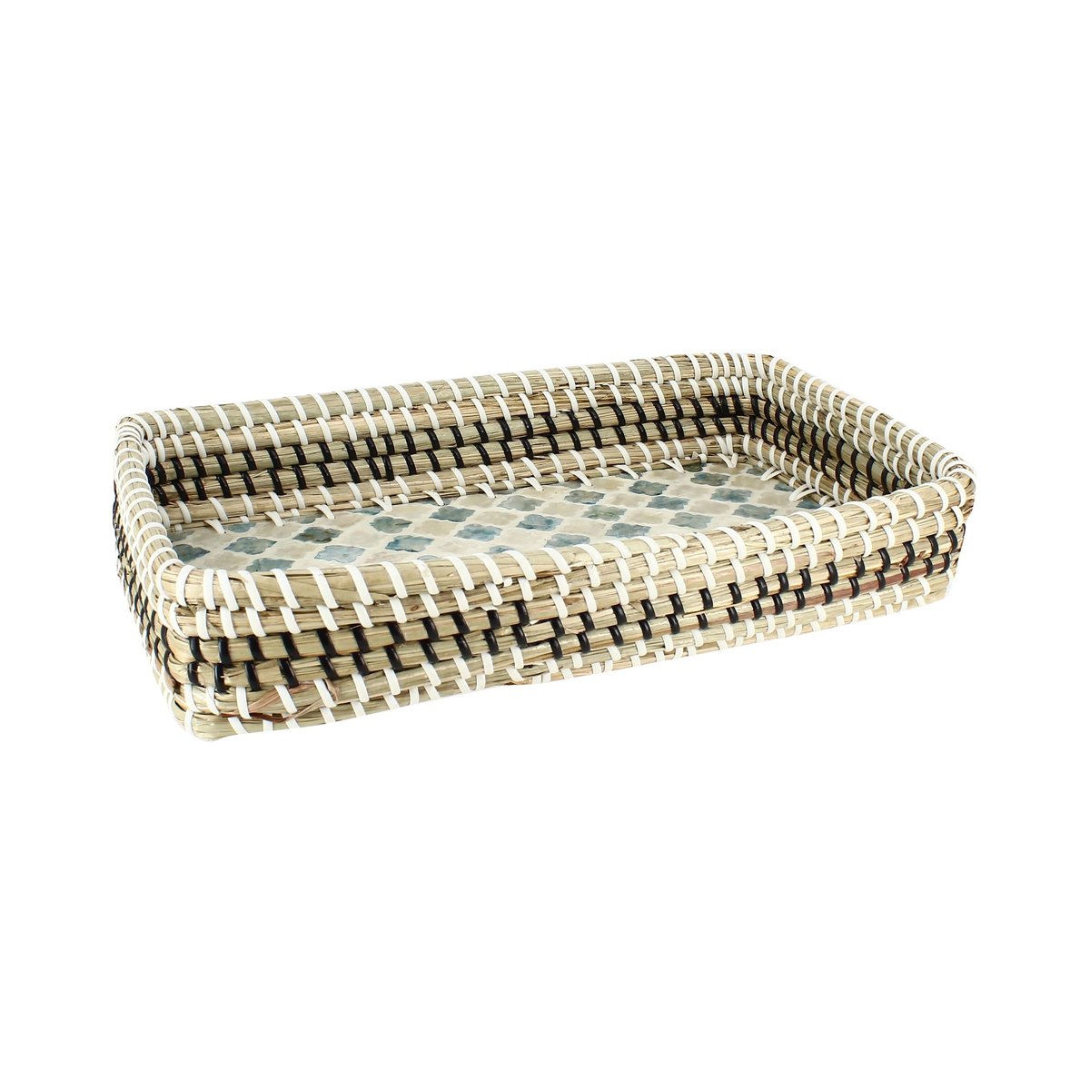 Plateau rond en jonc de mer et coquillages beige-bleu-noir, NOW'S HOME