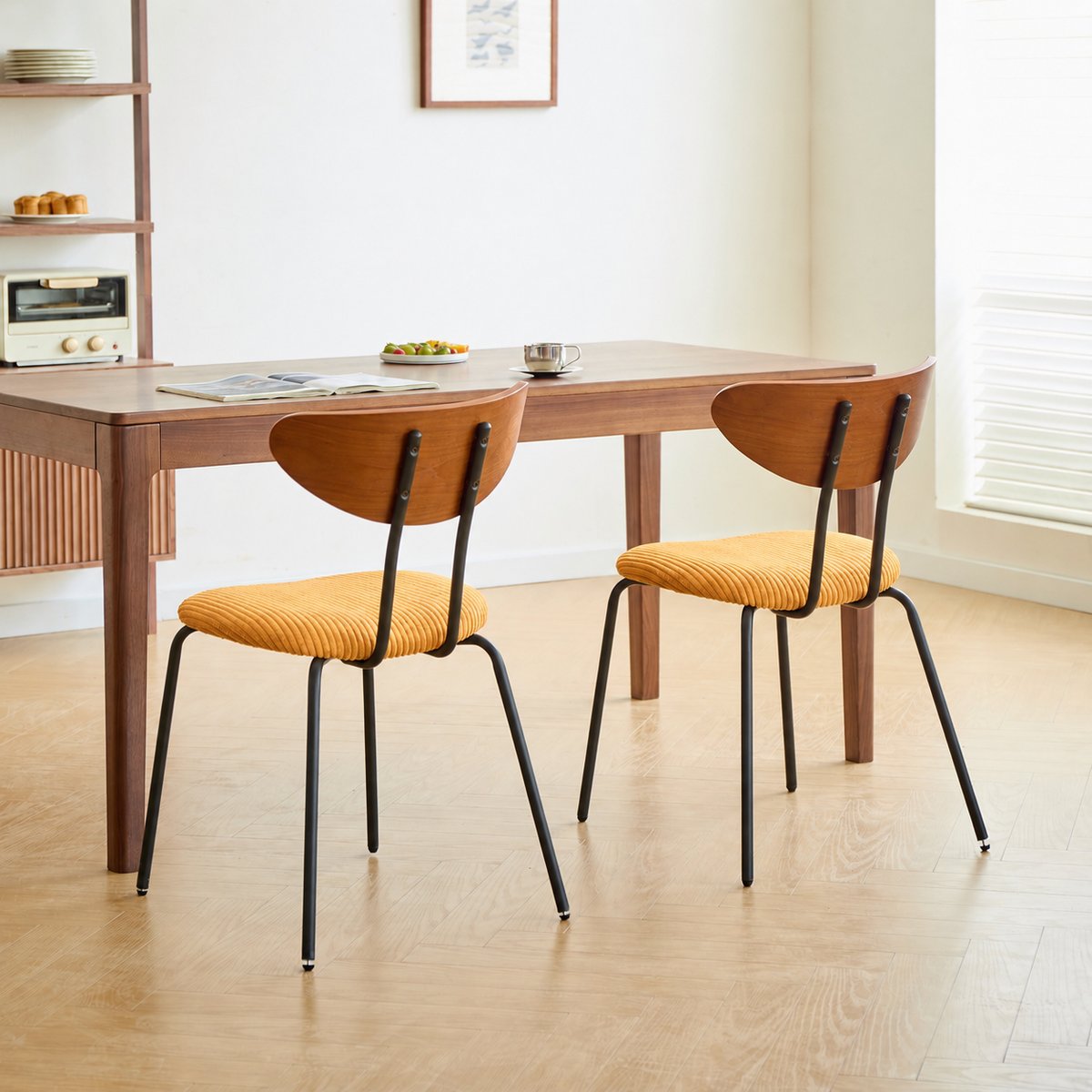 Lot de 2 chaises de salle à manger en bois, métal et tissu, NIBE jaune moutarde, NORDLYS