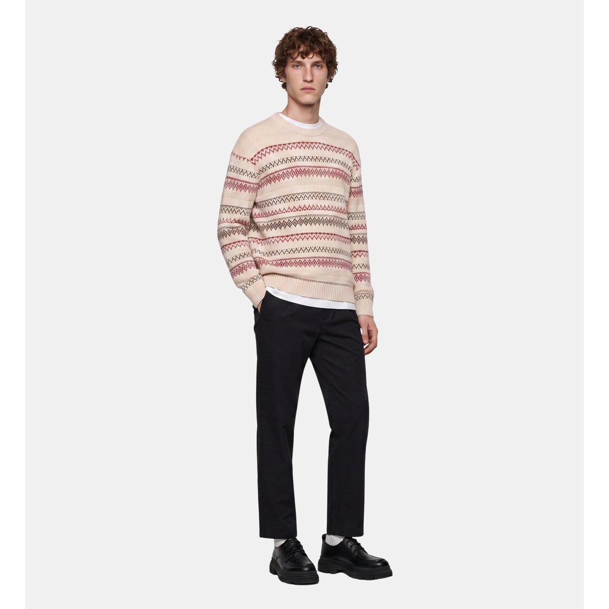 Pull takard en laine et nylon à jacquard beige et rouge, GALERIES LAFAYETTE