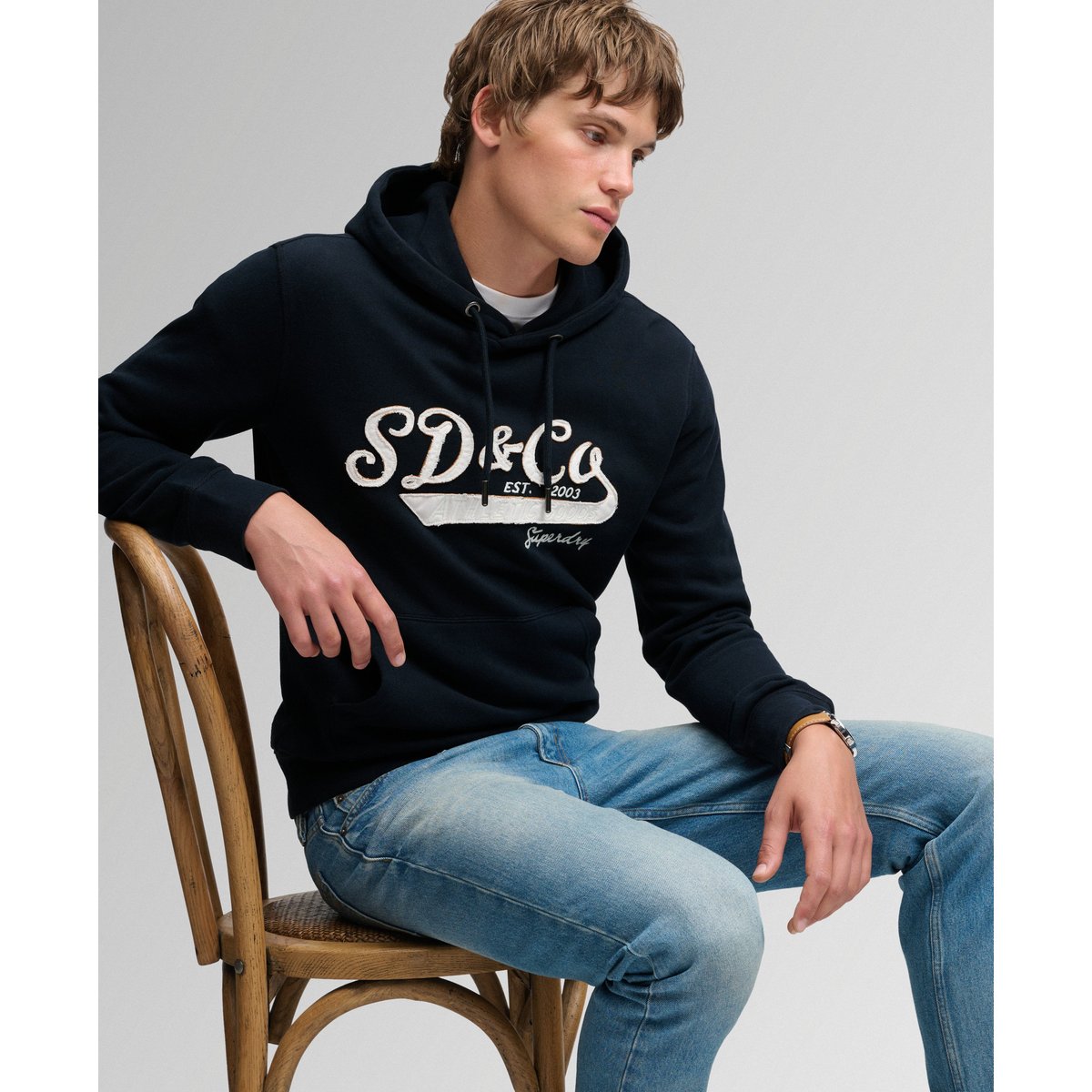 Sweat à capuche SD&Co Washed Embroidered coupe décontractée bleu marine éclipse, SUPERDRY