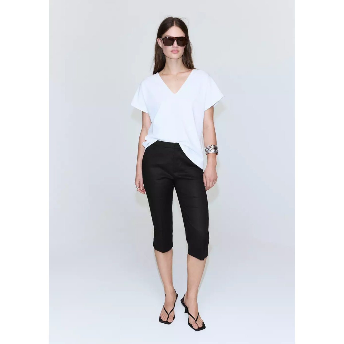 T-shirt coton col en V blanc, MANGO