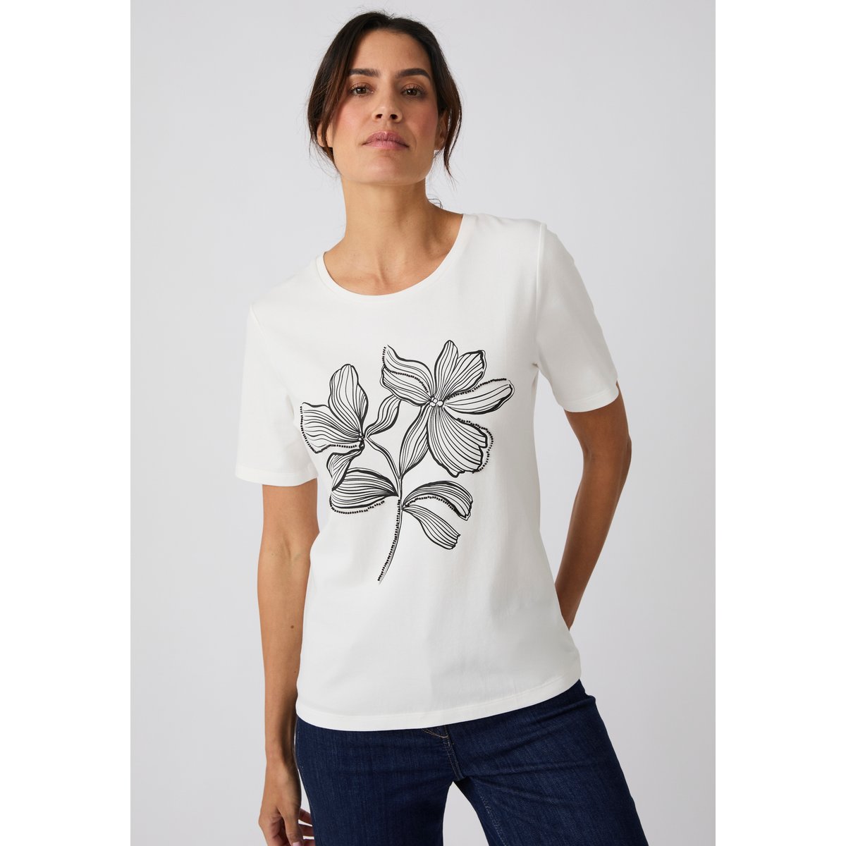 T-shirt motif imprimé avec perles fantaisie blanc cassé, DAMART