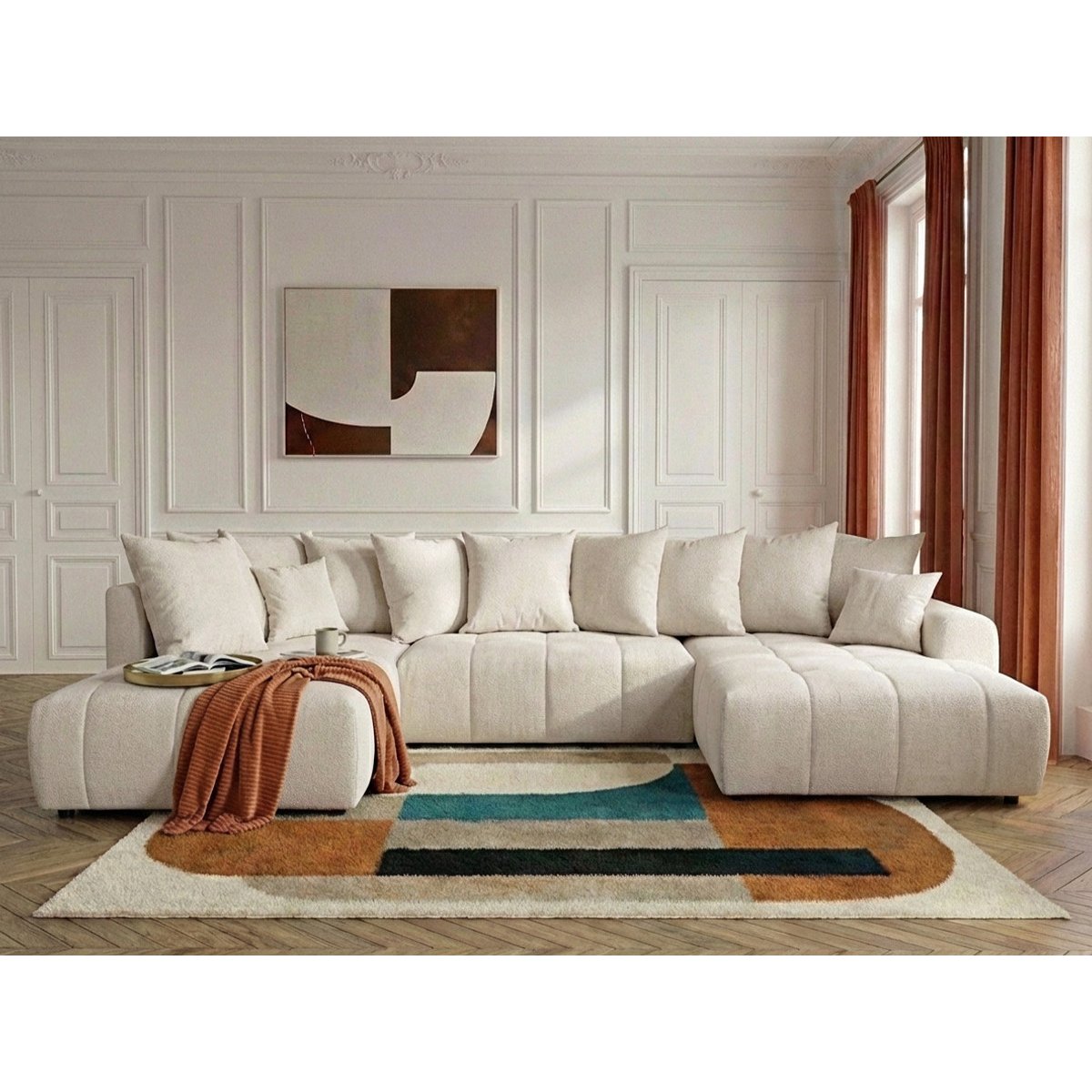Canapé panoramique convertible 6 places en tissu chiné, ROXELANE beige, BOBOCHIC
