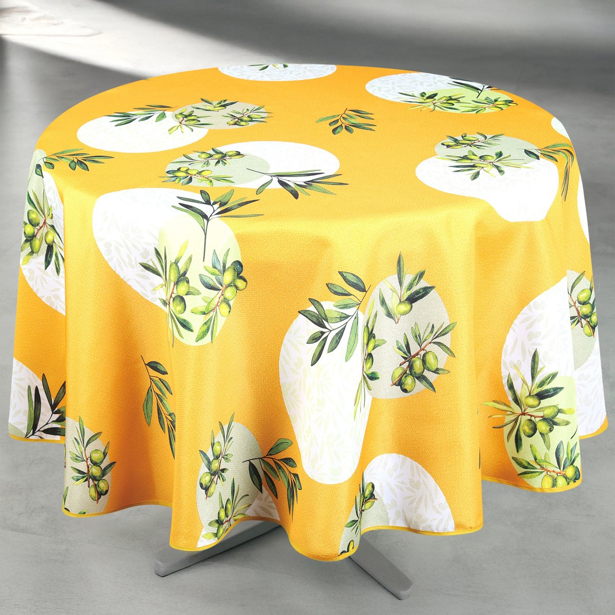 Nappe anti-tâche ronde motif olive jaune, HOME MAISON