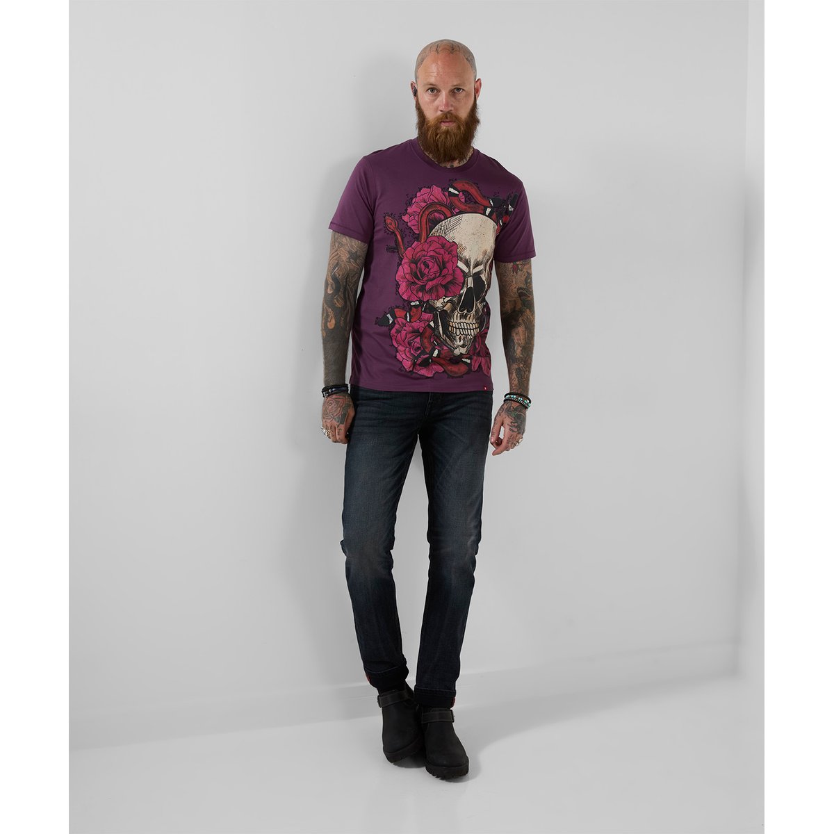 T-Shirt Tête de Mort Venin en Fleurs violet, JOE BROWNS