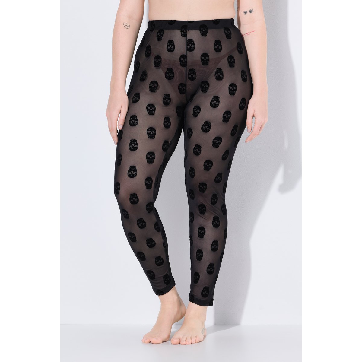 Legging-collant en mesh, motif têtes de mort noir, ULLA POPKEN