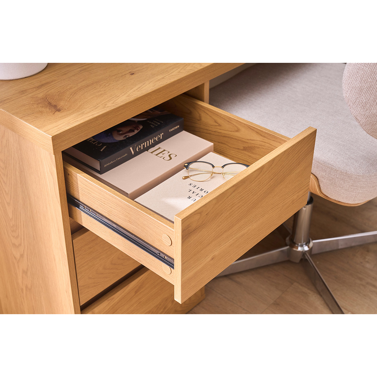 Bureau modulable avec rangements finition bois clair chêne L153-269 cm MELVIN couleur unique, MILIBOO