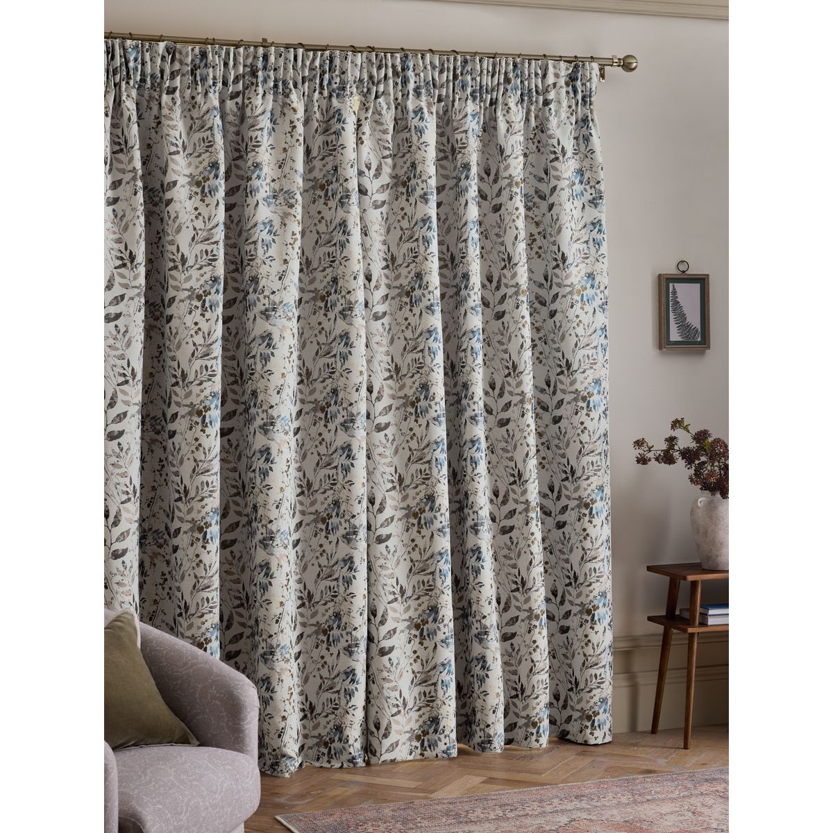 Rideaux en jacquard à plis honesty leaf bleu/marron, NEXT