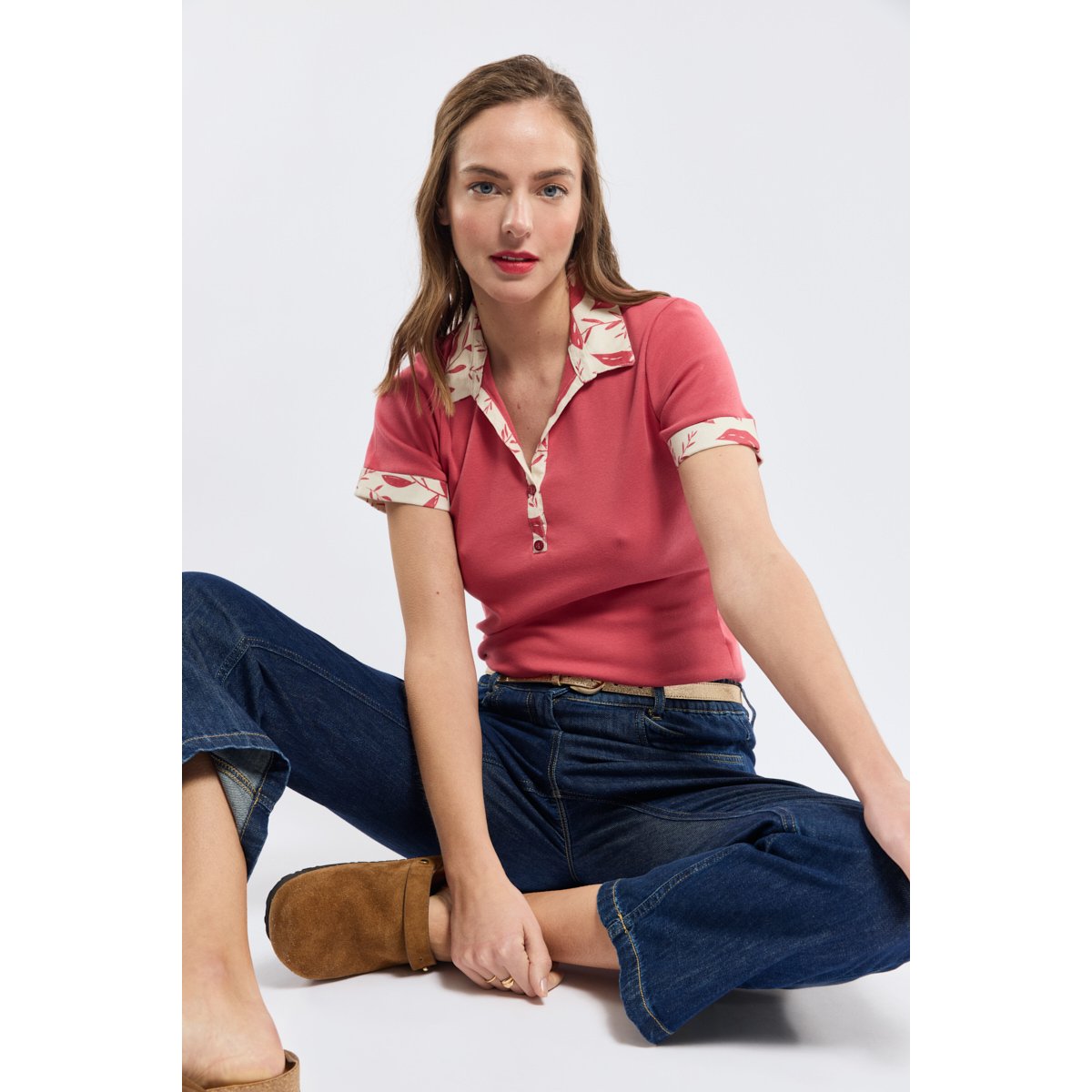 Polo motifs fleuris - coton garnet imp. calyptus, ARMOR-LUX