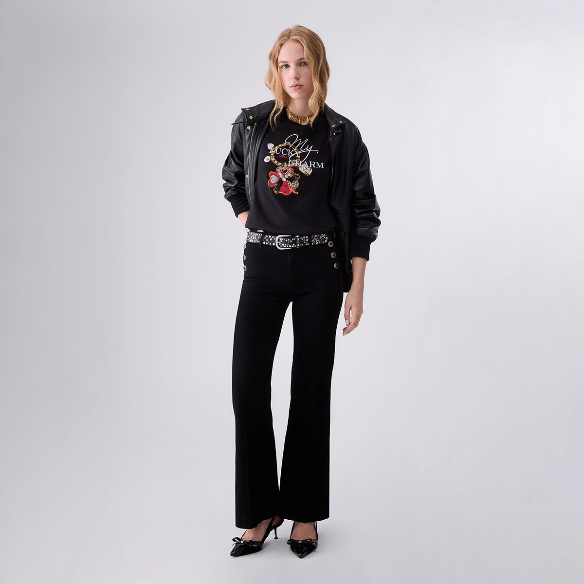 Jean flare avec boutons bijou denim noir, LIU JO