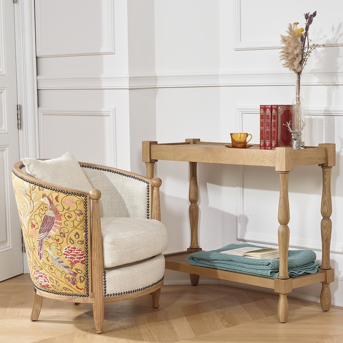 Fauteuil tonneau en chêne, lin et tissu CAROLE lin, ROBIN DES BOIS