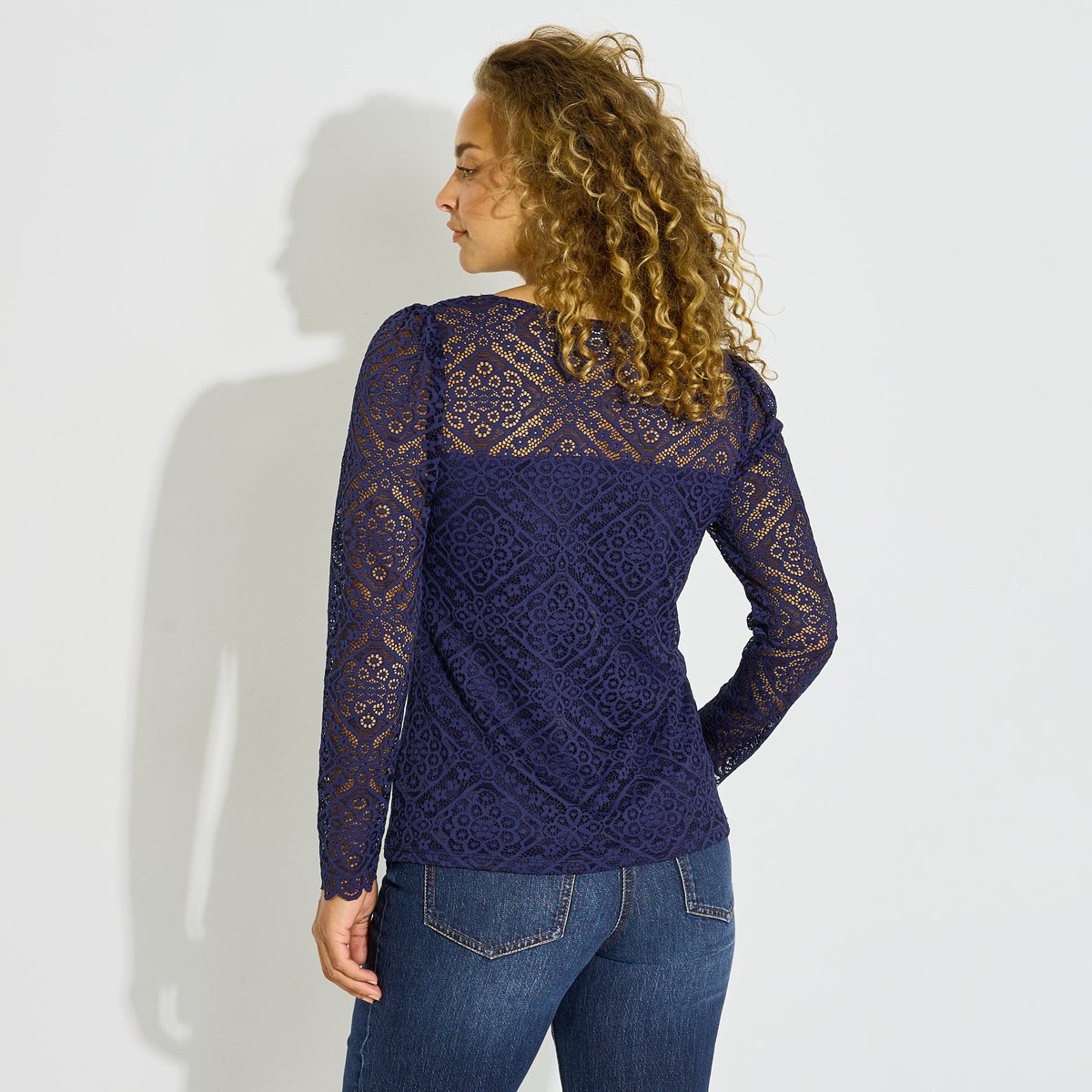 T-shirt col V ajouré bleu marine, GRAIN DE MALICE