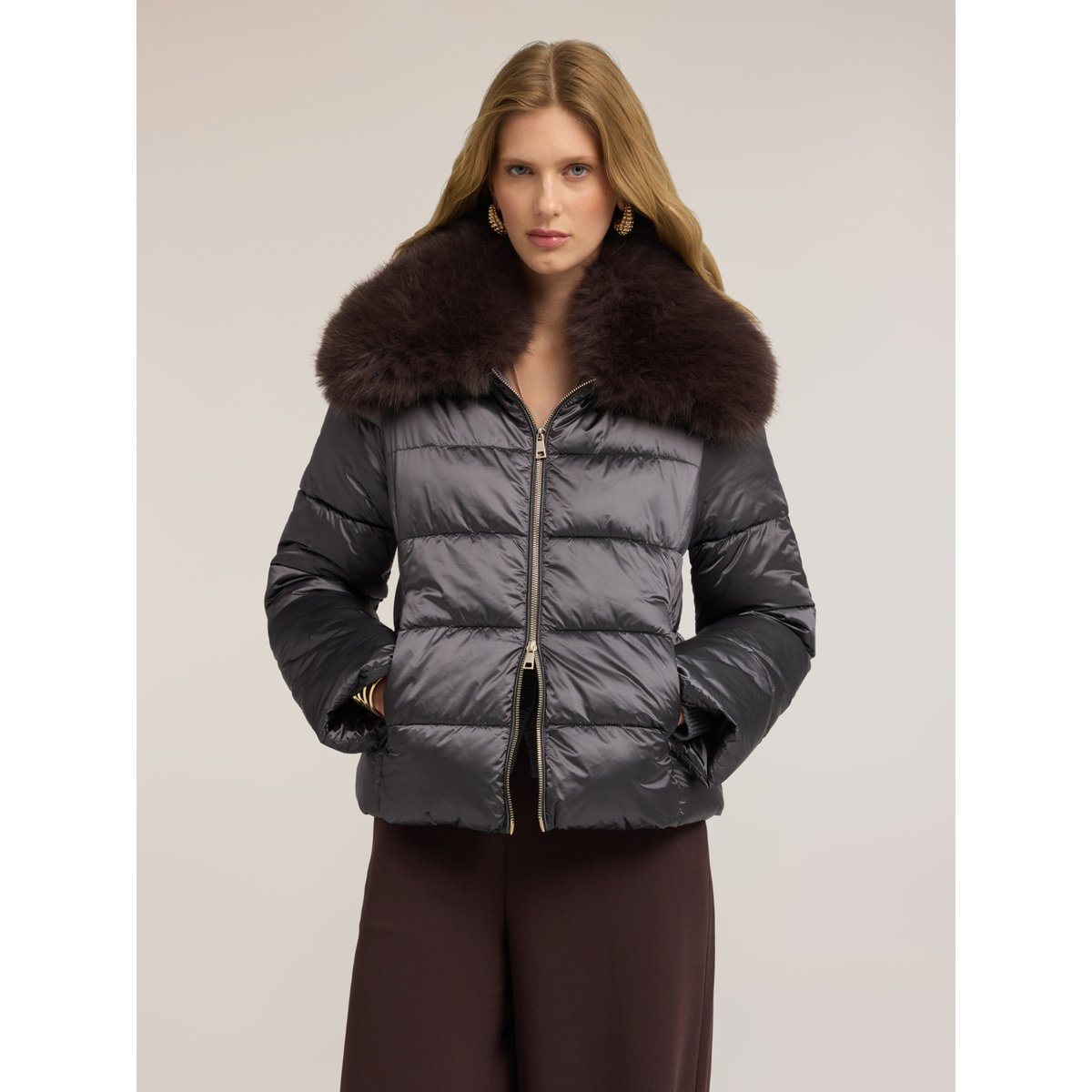 Veste matelassée épaisse avec col amovible gris, MOTIVI