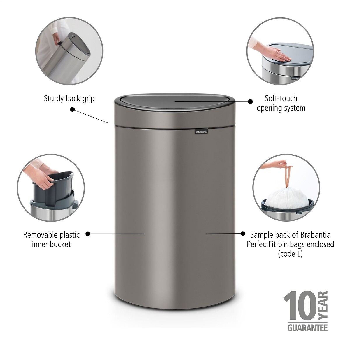 Touch Bin New, 40L platinum, BRABANTIA