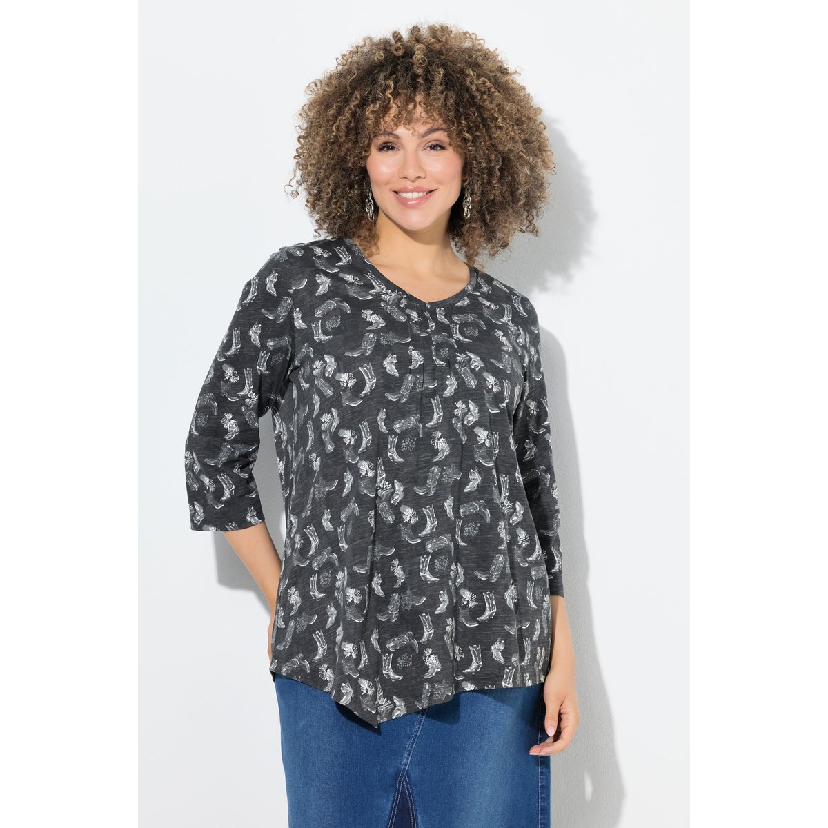 T-shirt à fleurs, plis fantaisie noir, ULLA POPKEN