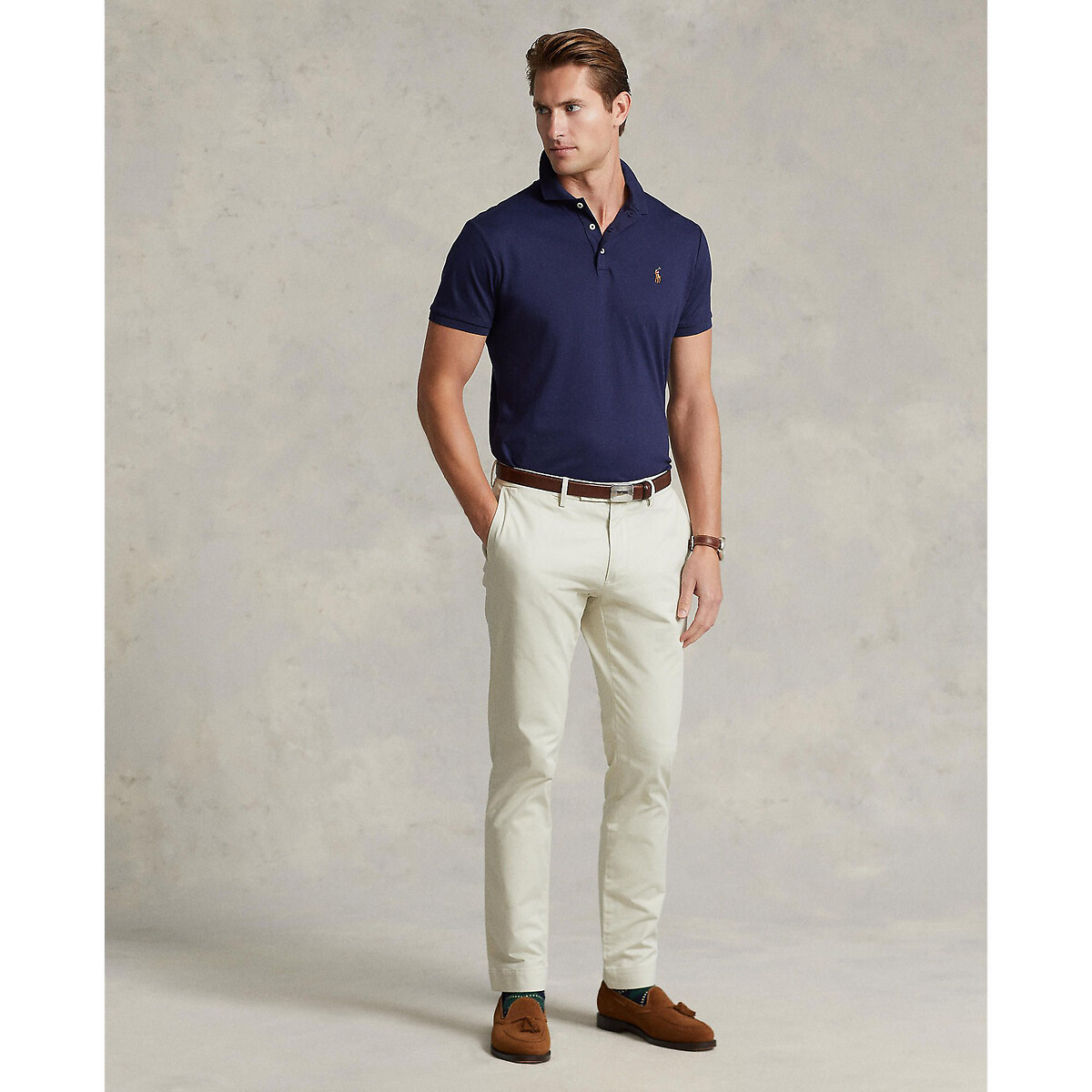 Polo direito custom fit, em malha interlock marinho, POLO RALPH LAUREN