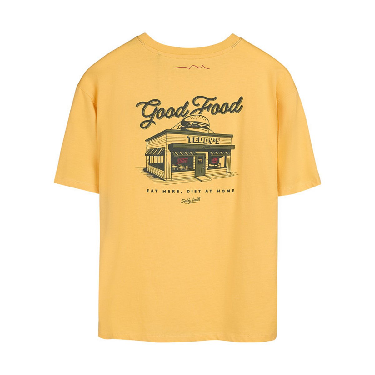 T-shirt en coton jaune à col rond imprimé hamburger à la poitrine et au dos jaune, TEDDY SMITH
