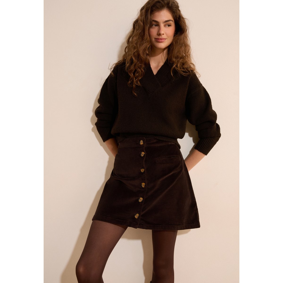 Jupe courte en coton VELVETY chocolat, ETAM