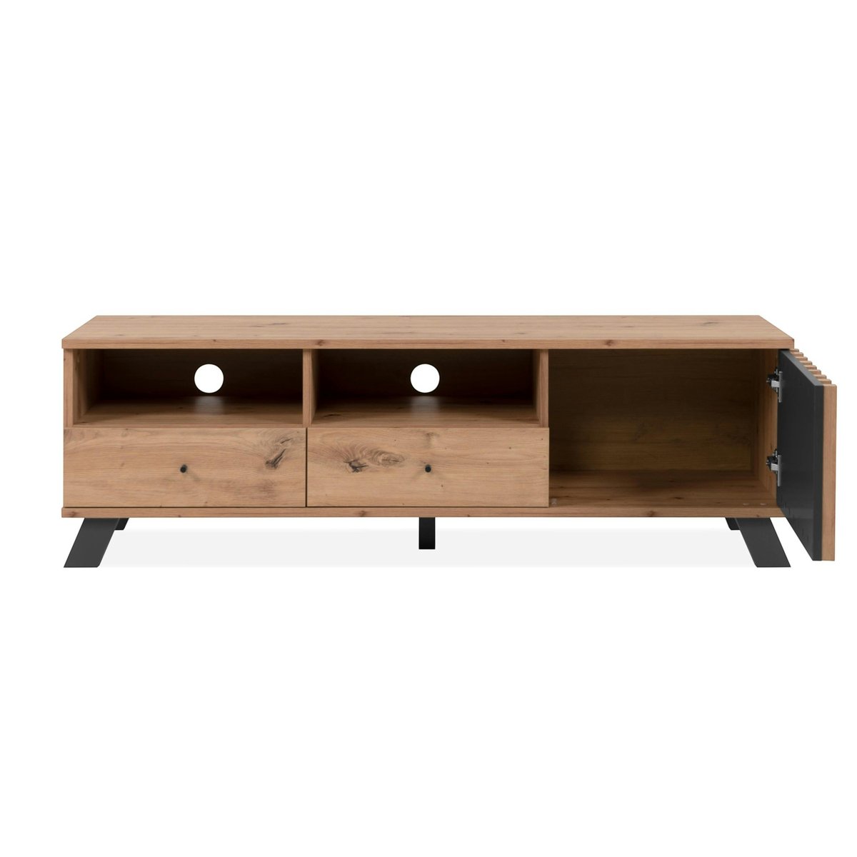 Meuble TV avec rangement 1 porte noire rainurée ALVA bois naturel, PIER IMPORT