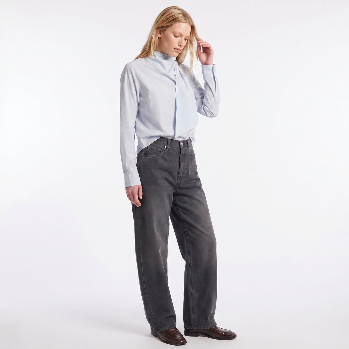 Chemise structurée, col à nouer et manches longues VALIA bleu, ARTLOVE
