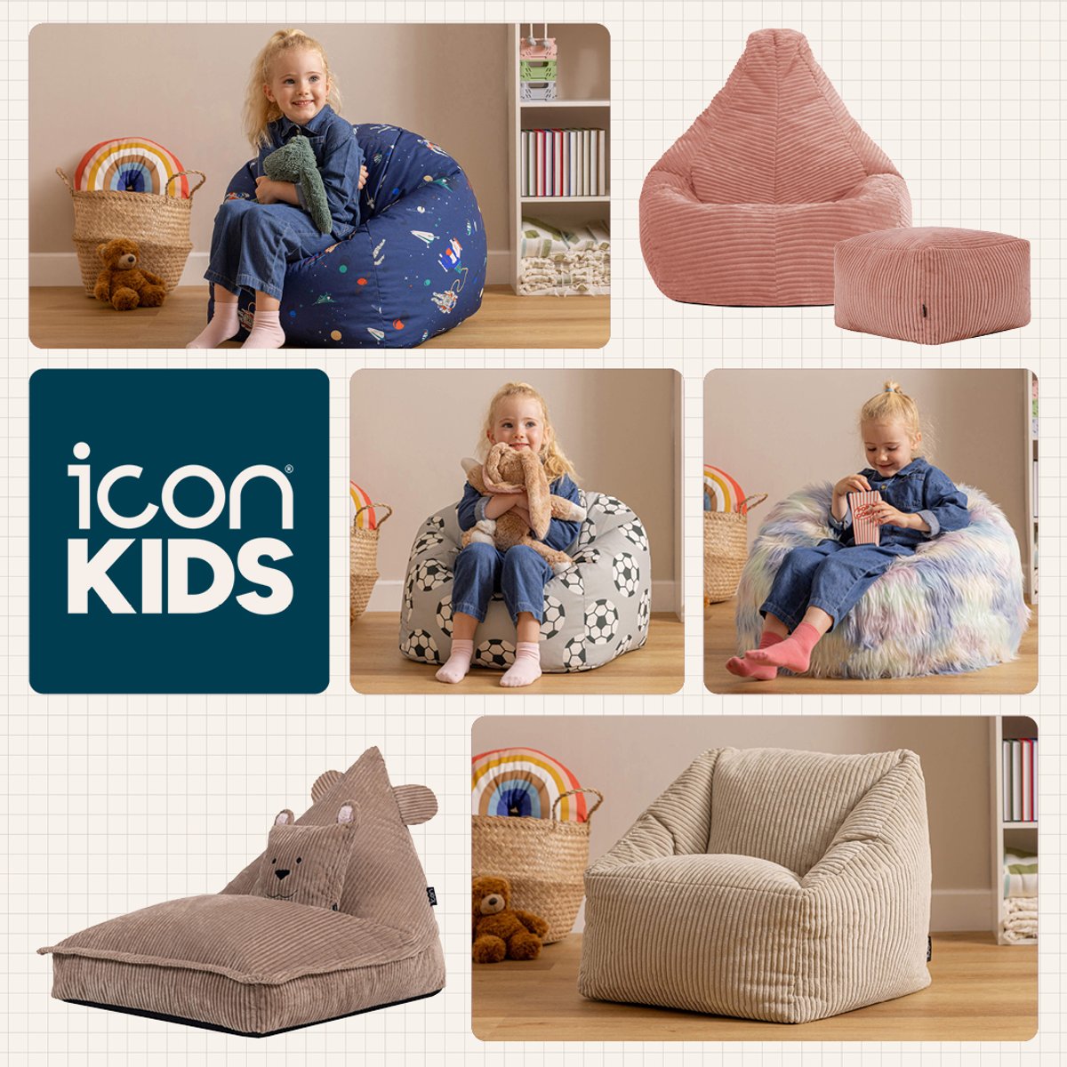 Pouf poire enfant à dossier haut velours côtelé Oeko-Tex® - DALTON bleu canard, ICON