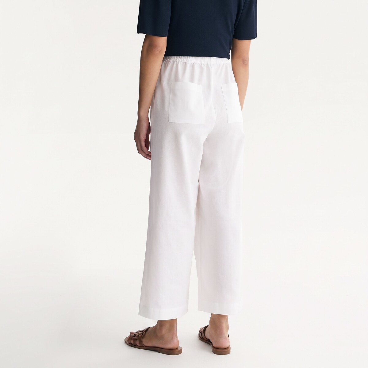 Pantalon large 7/8ème en lin et coton à taille élastiquée blanc, ANNE WEYBURN