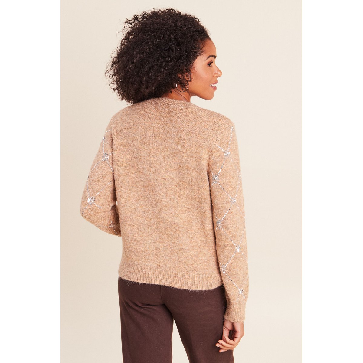 Pull col rond à sequins marron clair, BREAL