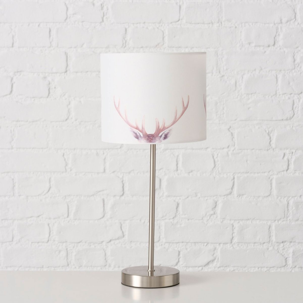 Lampe à poser en métal et abat-jour tissu motif cerf 18x18x40cm blanc, WADIGA