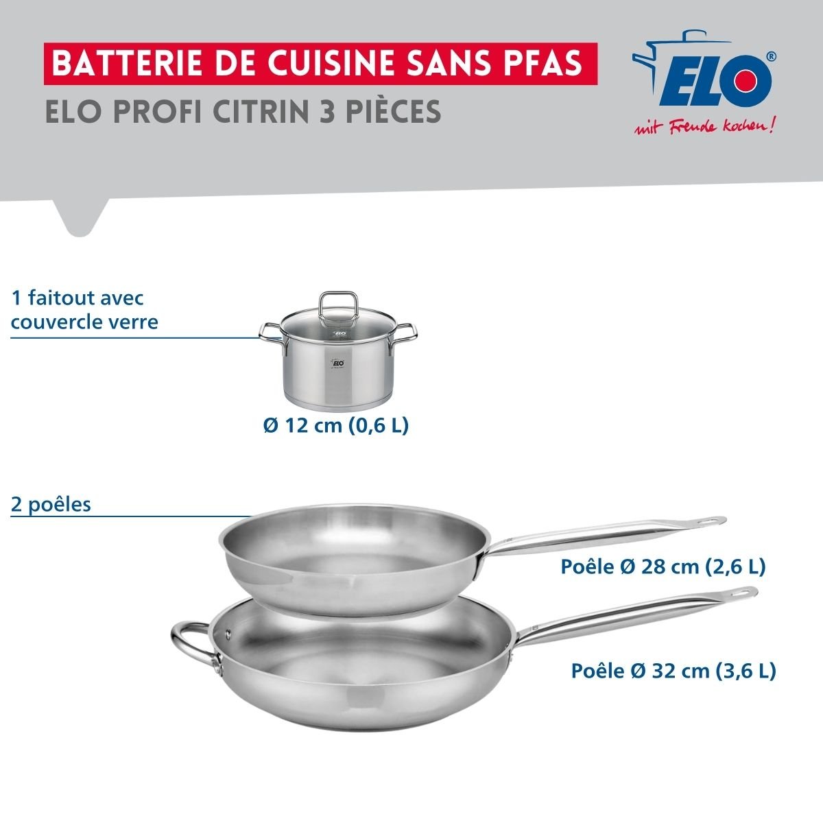 Batterie 2 poêles 28/32cm + 1 faitout 12cm PROFI CITRIN inox, ELO