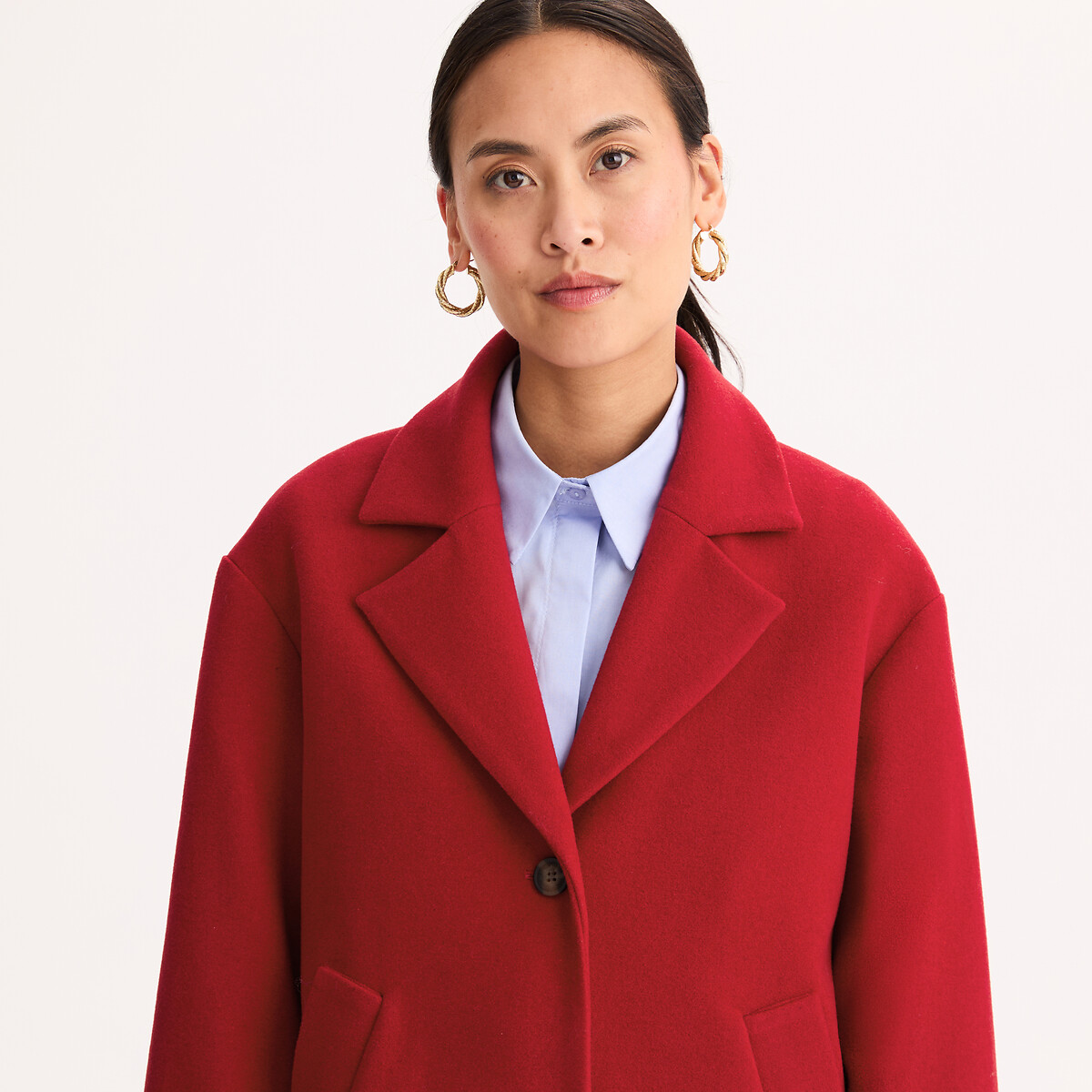 Manteau long simple boutonnage en laine mélangée italienne rouge, ANNE WEYBURN