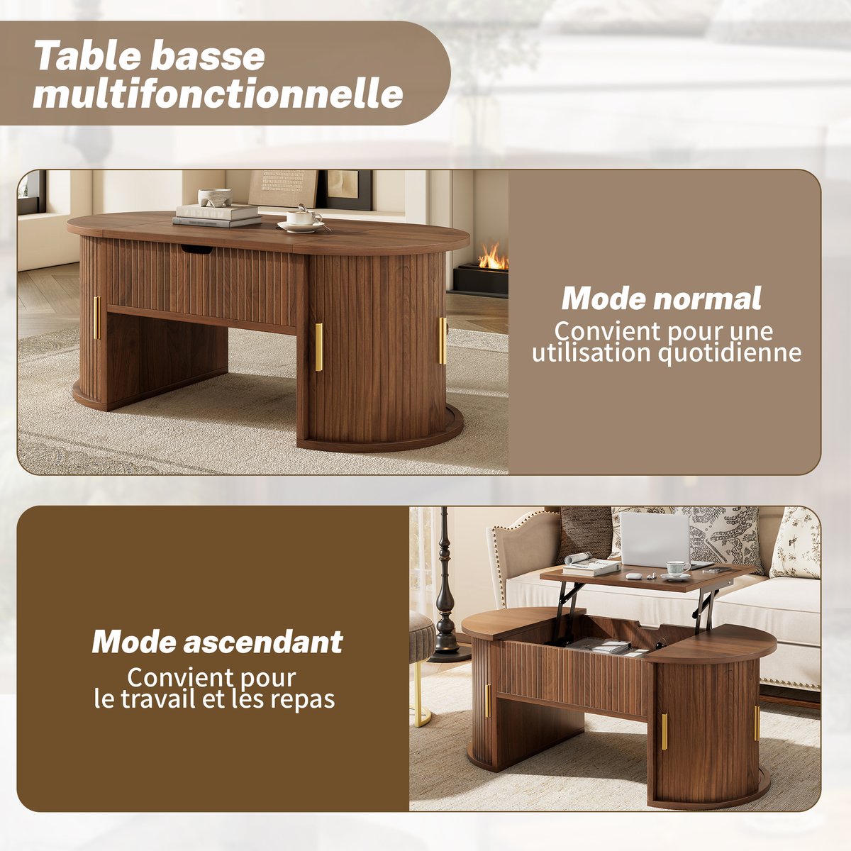 Table basse relevable ovale rangement, CHESTNUTB walnut, MEUBLES COSY