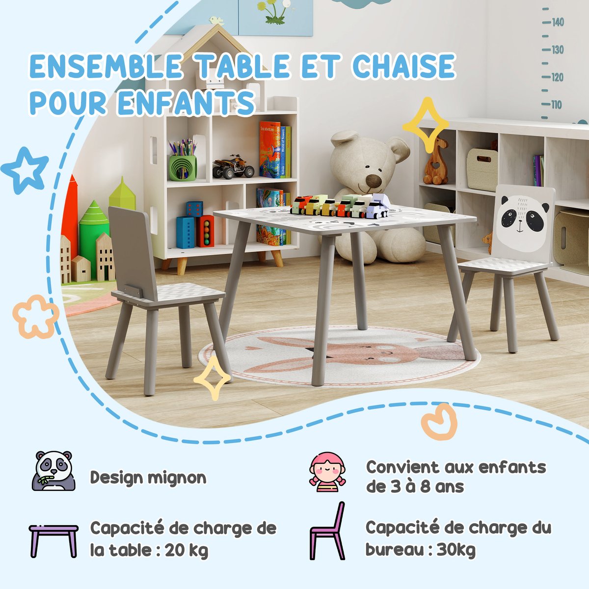 Ensemble table et chaises pour enfants MDF gris, blanc, motif panda, ZONEKIZ