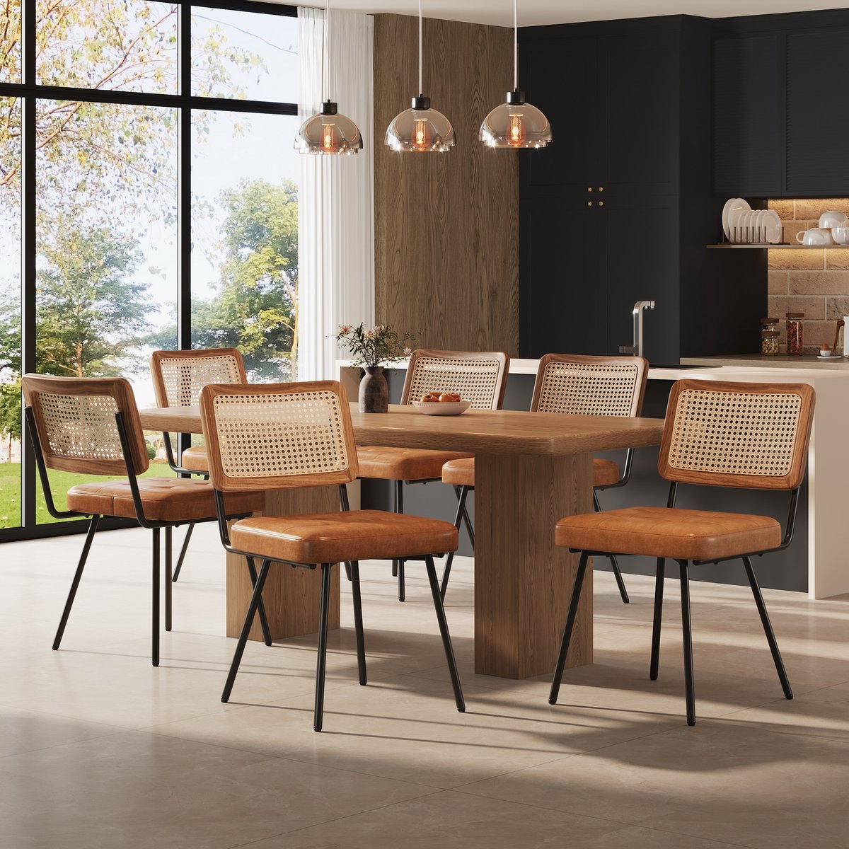 Lot de 6 chaises de salle à manger en simili cuir avec dossier en rotin PE style rétro moderne, KAROMIR marron, MEUBLES COSY