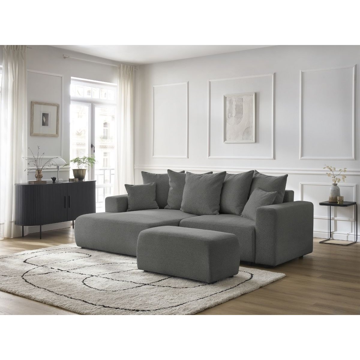 Canapé d'angle convertible 5 places en tissu chiné avec pouf, ATILLA gris foncé, BOBOCHIC