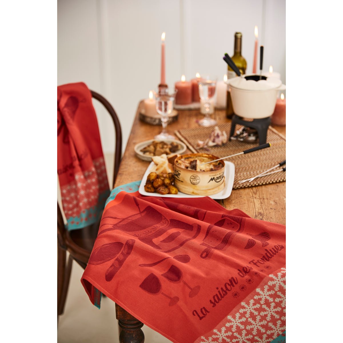 Torchon jacquard coton LA SAISON DES FONDUES rouge, COUCKE