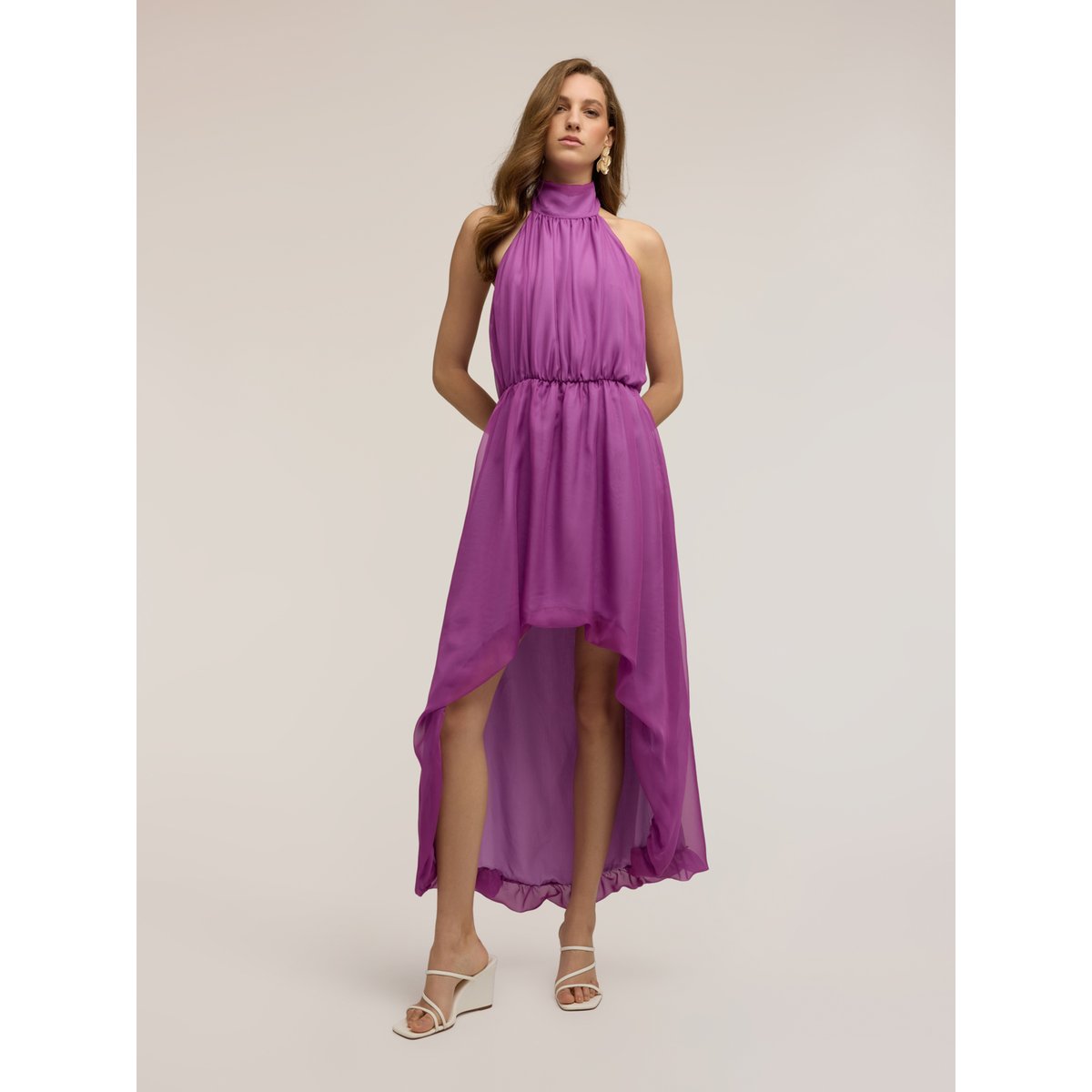 Robe longue asymétrique dos nu violet, MOTIVI