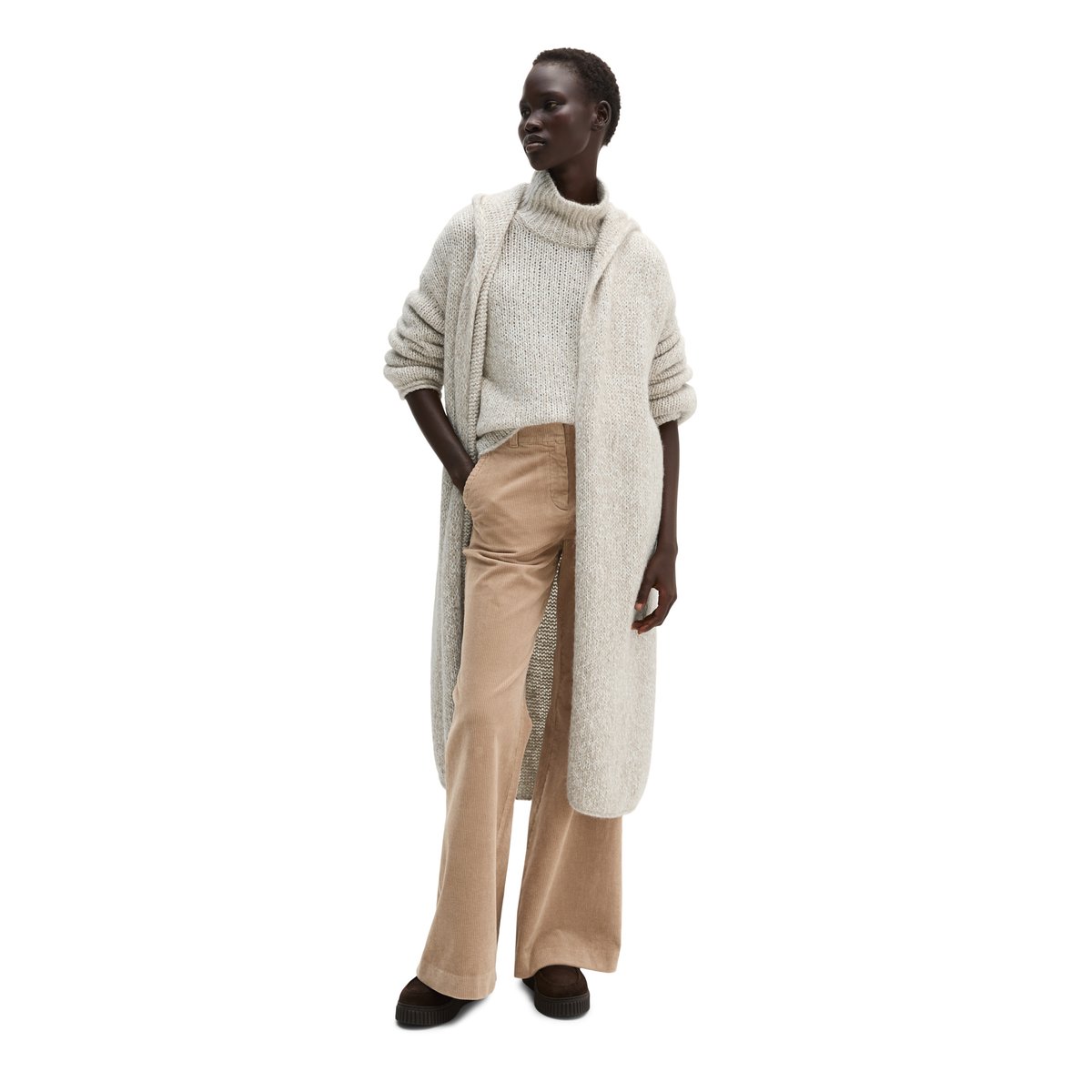 Cardigan à capuche ample en un mélange doux de coton bio et de laine d'alpaga marron, MARC O'POLO