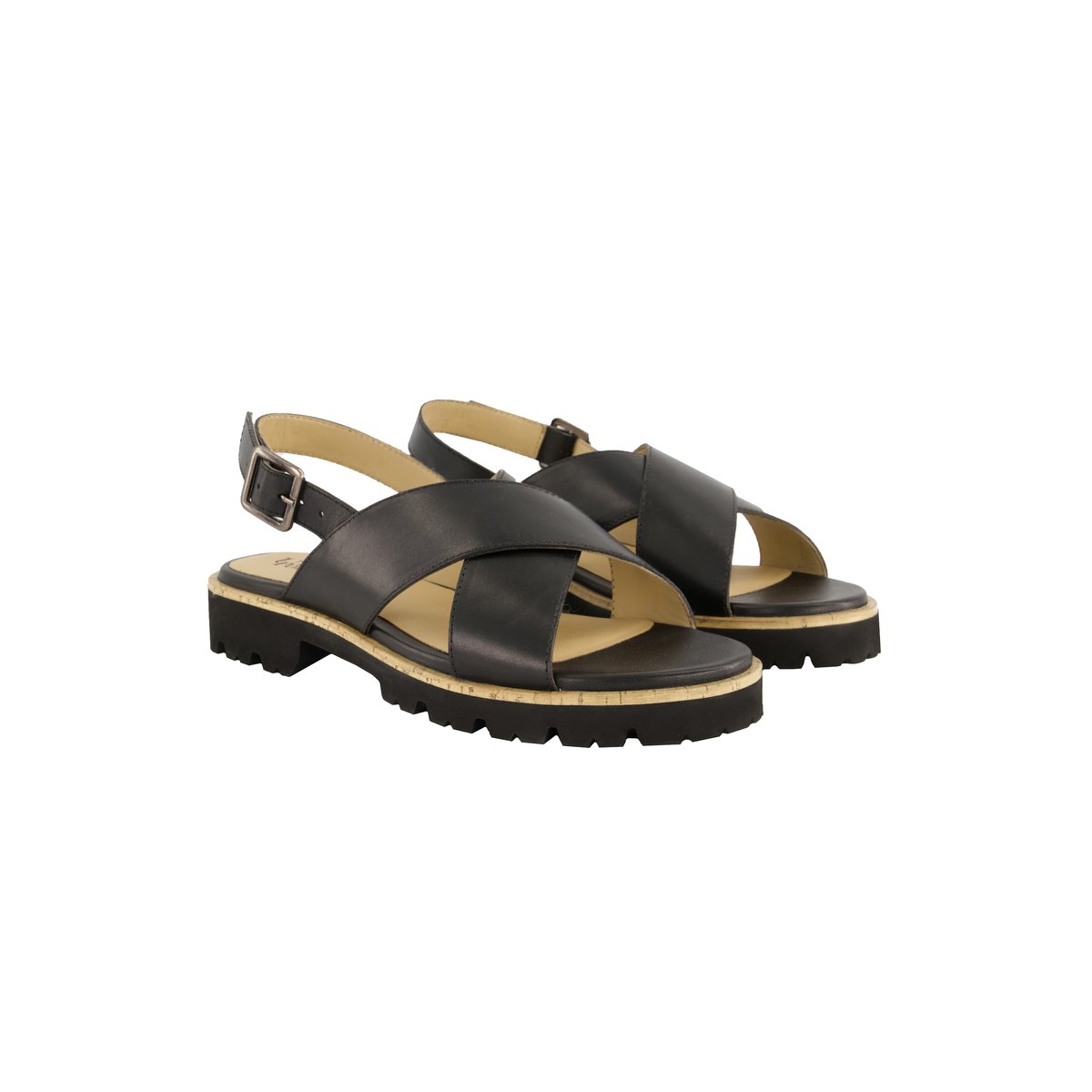 Sandales en cuir. Brides croisées - largeur H , pied large noir, ULLA POPKEN