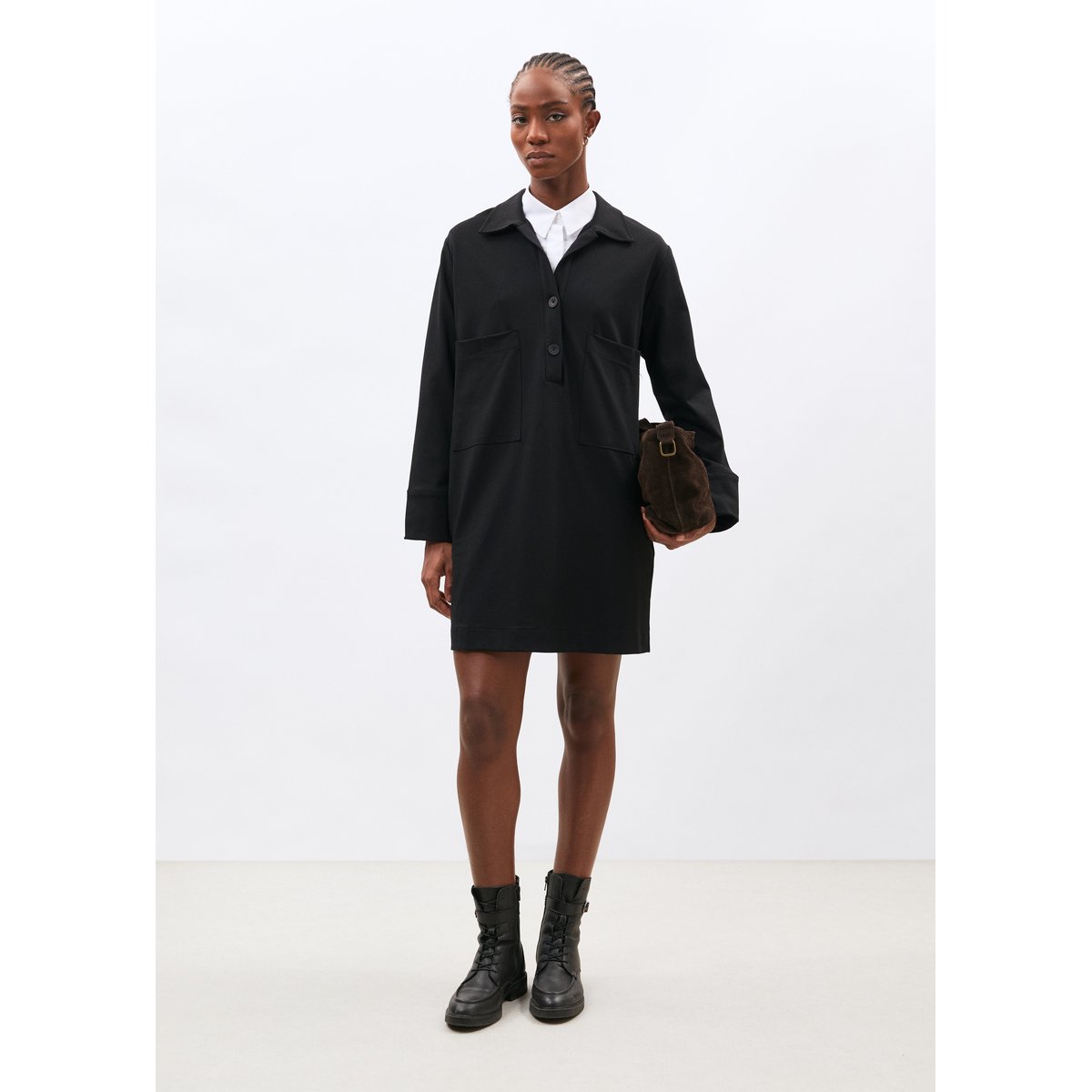 Robe courte manches longues en jersey milano noir, HUMILITY
