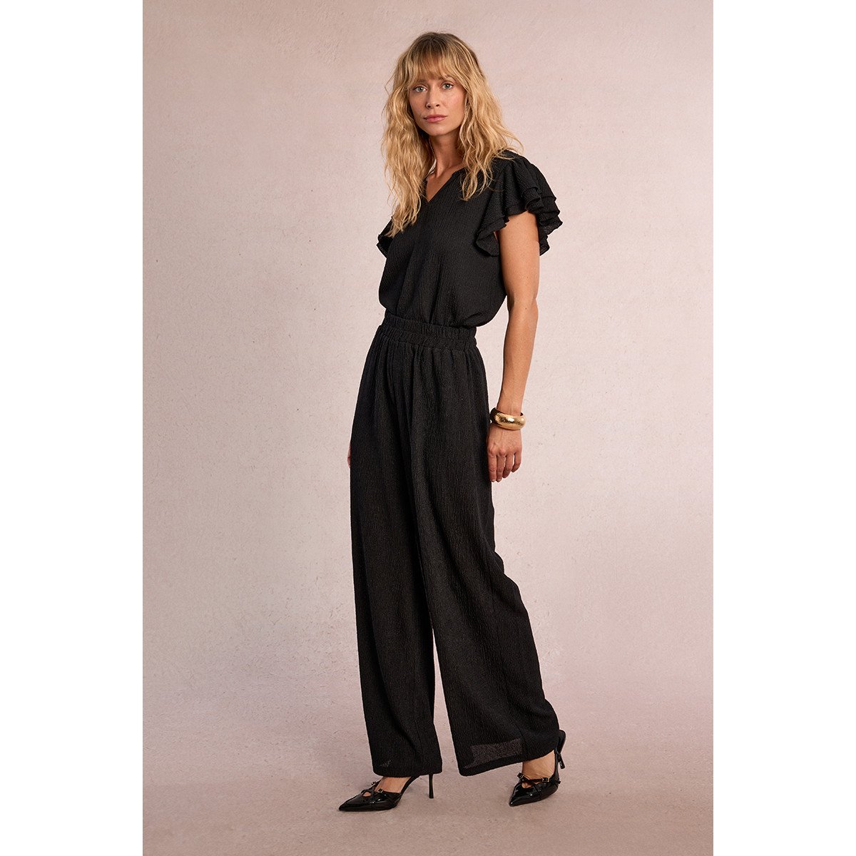 Pantalon droit et fluide en semi-transparence noir, MOLLY BRACKEN