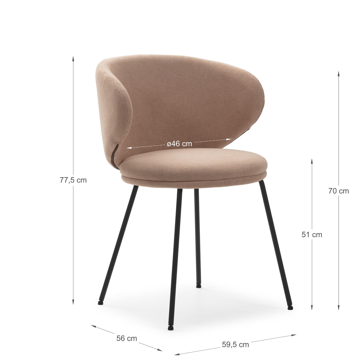 Lot de 2 chaises en tissu avec pieds en métal noir L60 cm - RUSH rose clair, CALICOSY