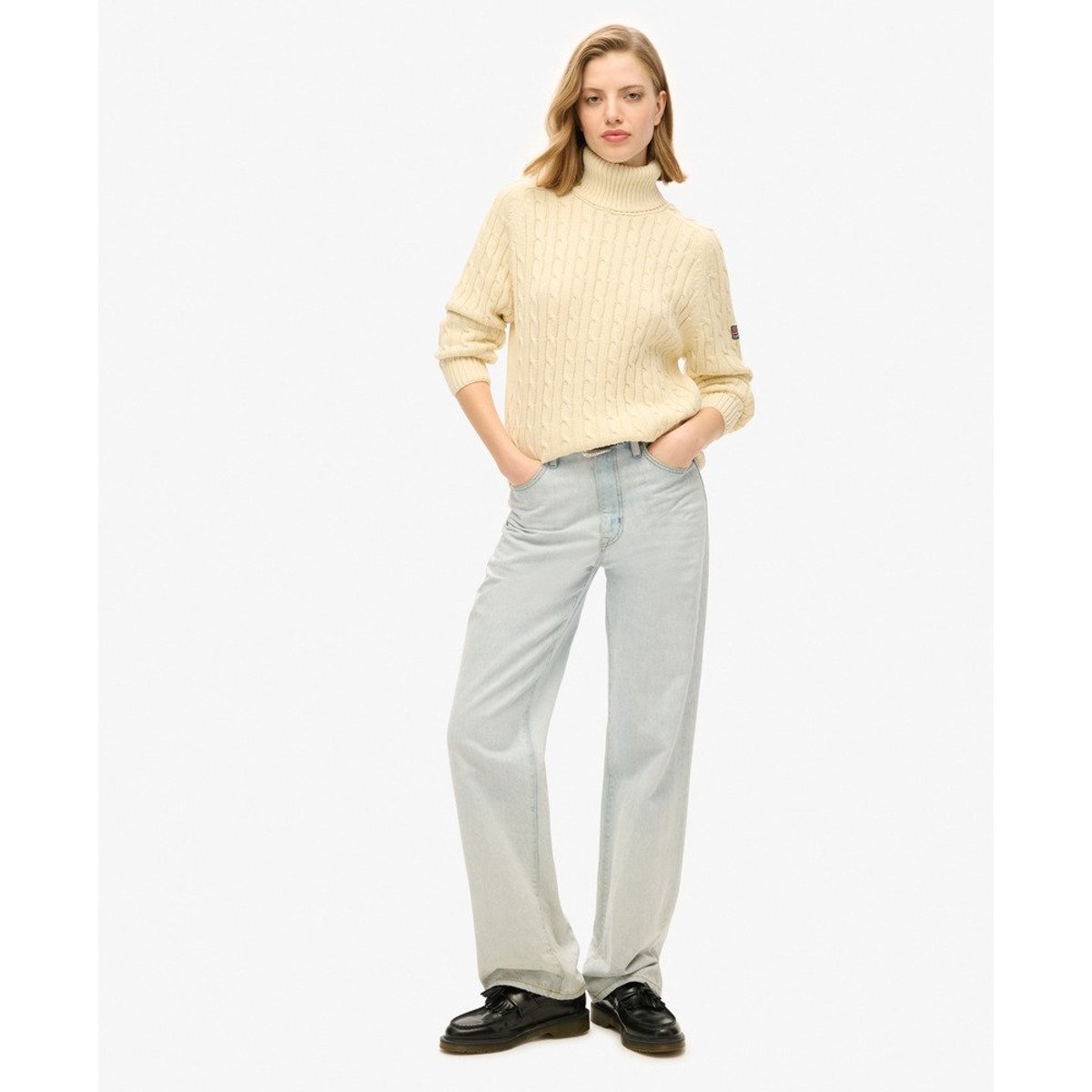 Pull à col roulé en maille torsadée décontracté blanc naturel, SUPERDRY