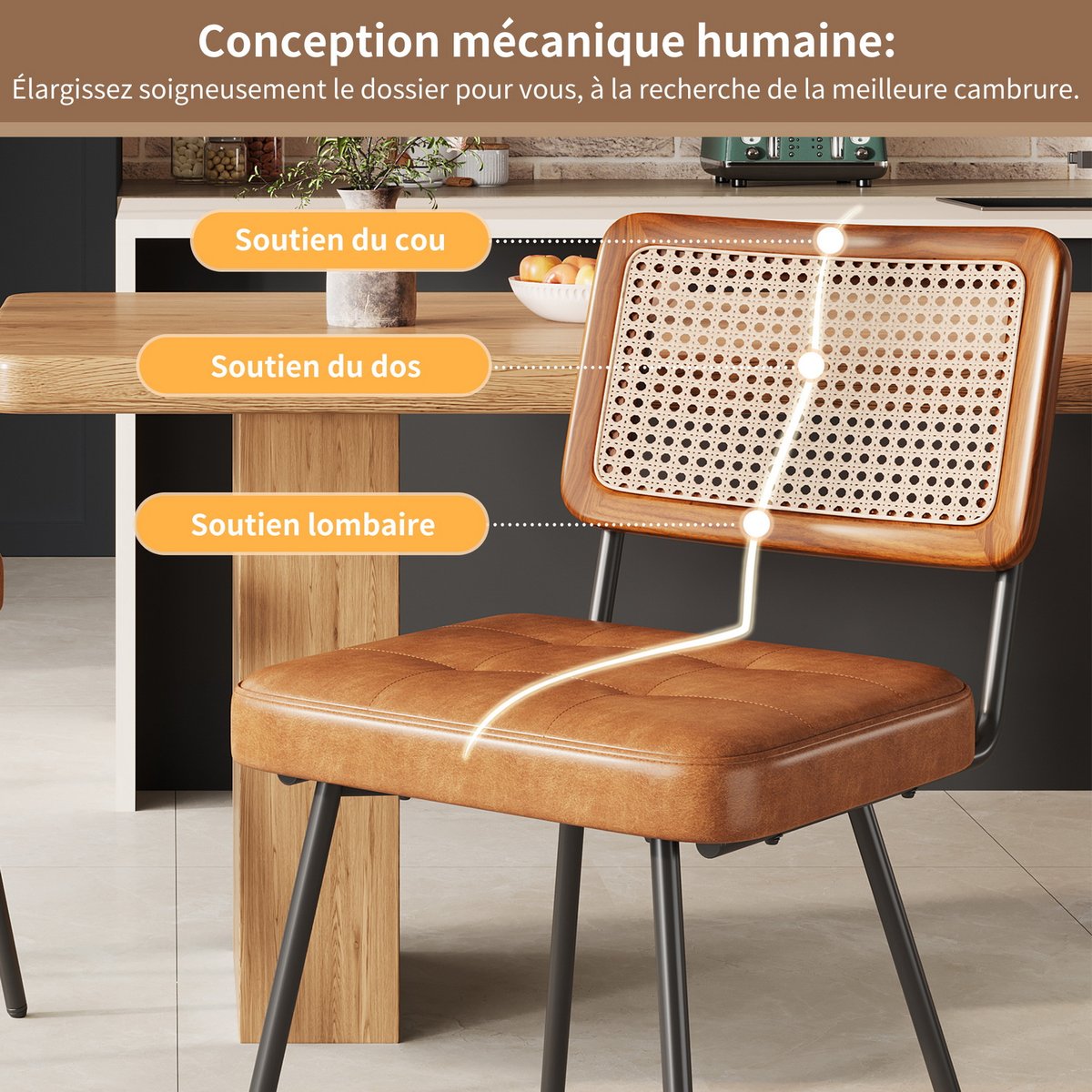 Lot de 6 chaises de salle à manger en simili cuir avec dossier en rotin PE style rétro moderne, KAROMIR marron, MEUBLES COSY