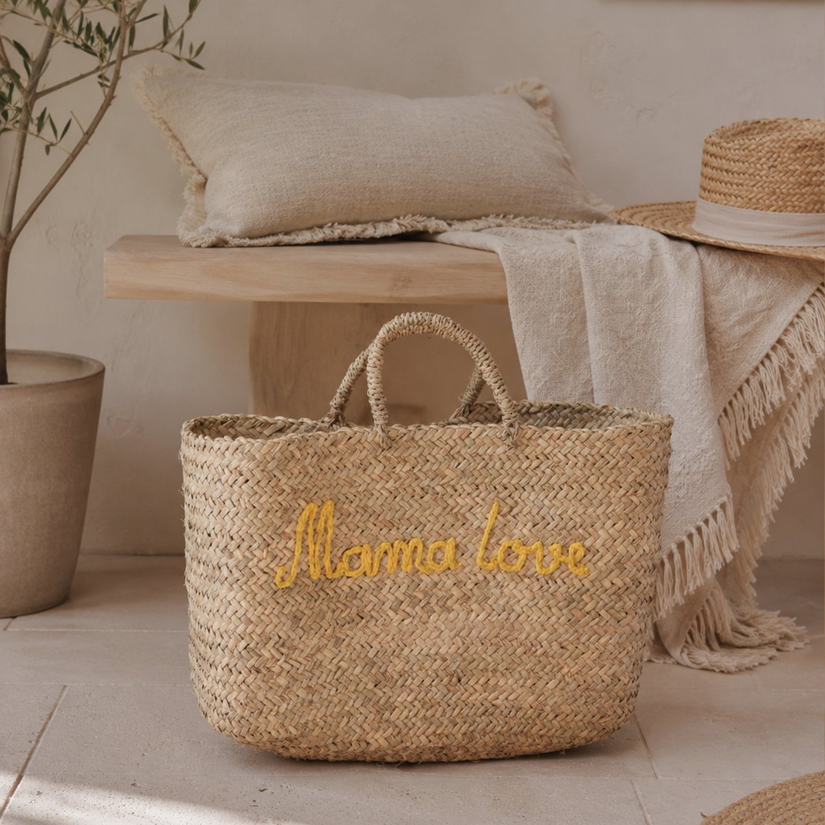 Panier rectangle écriture MAMA LOVE -  LOJI jaune, HOME MAISON