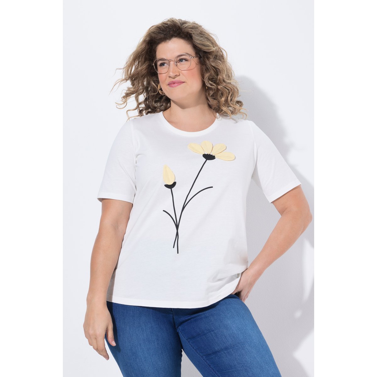 T-shirt à fleurs en coton bio blanc cassé, ULLA POPKEN