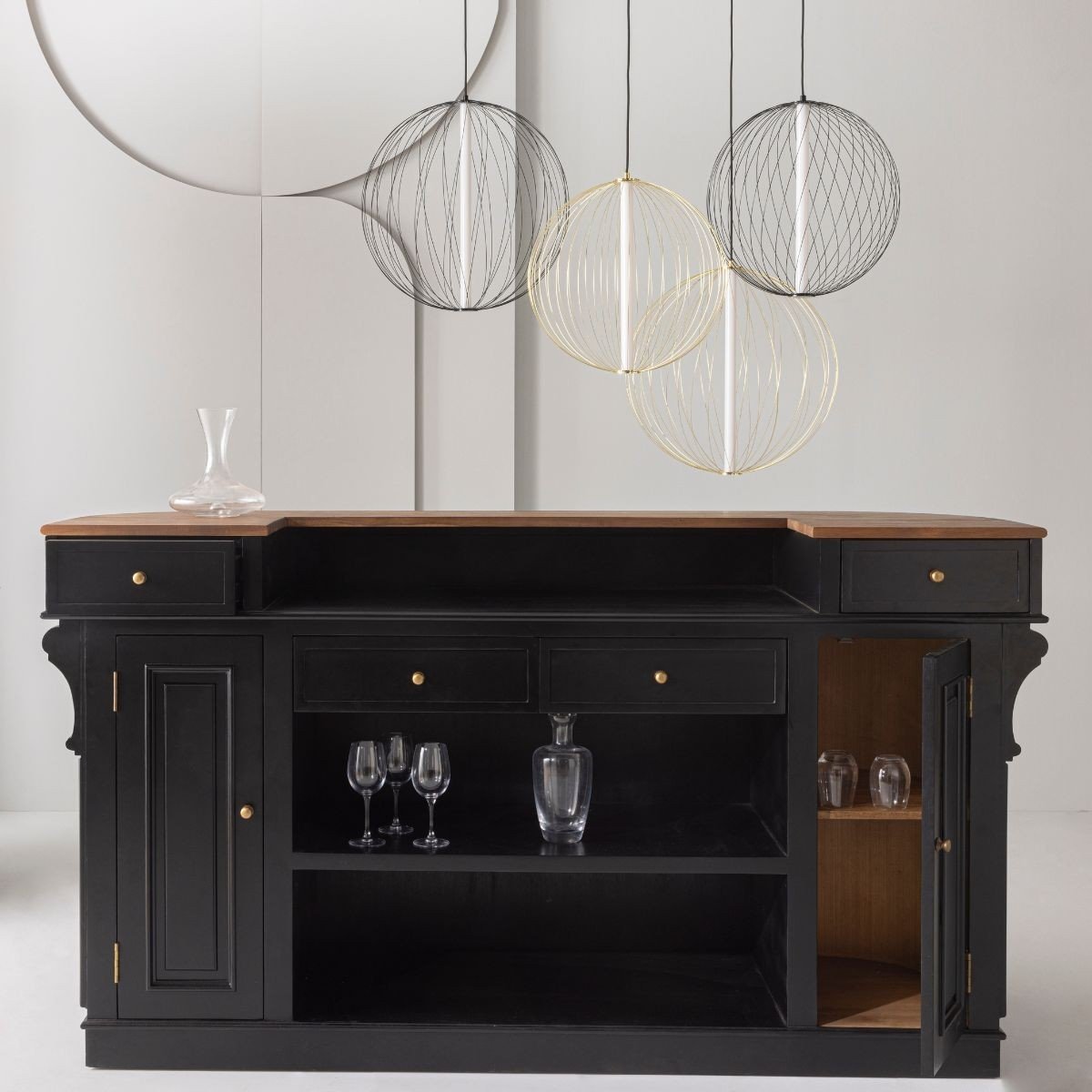 Comptoir estaminet en acacia massif peint en noir L200 cm noir, SIGNATURE